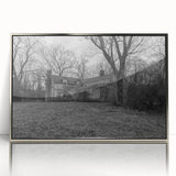 Mid-century modernist art depicting Delaware scenery in muted earth tones on a silver-framed acrylic print.
