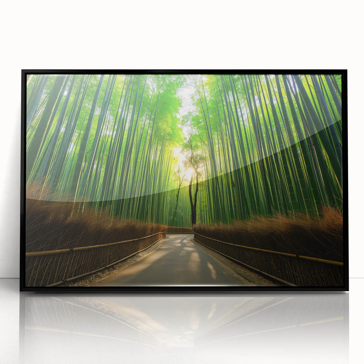 Large abstract wall art depicting the Maui coastline in muted blue and green hues on a black framed acrylic.