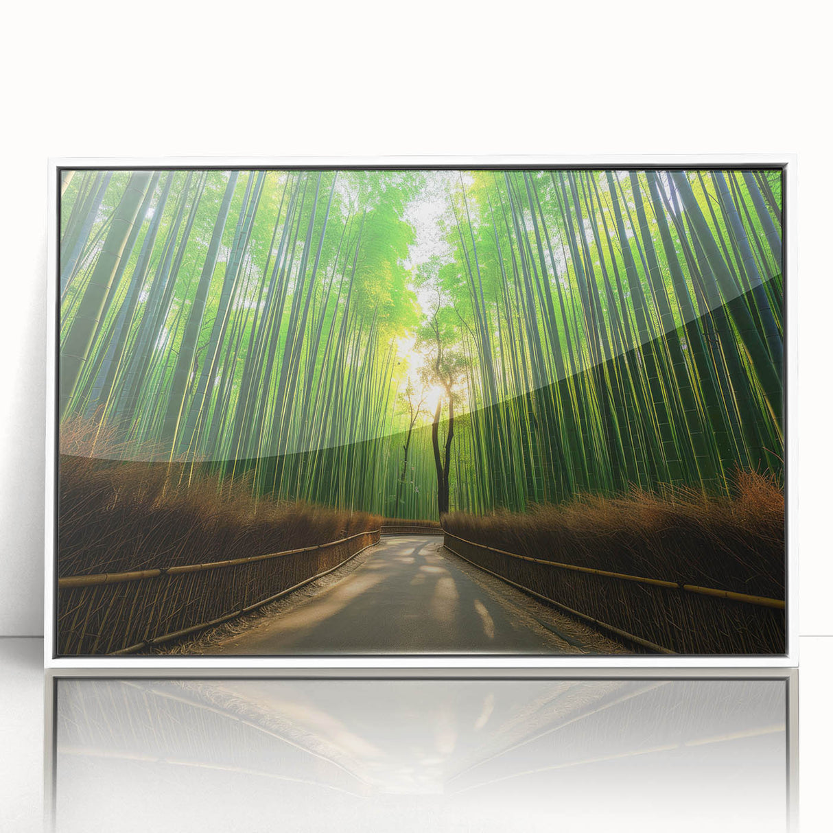 Art Deco poster of a Maui, Hawaii scenery in muted green and blue tones on framed acrylic.