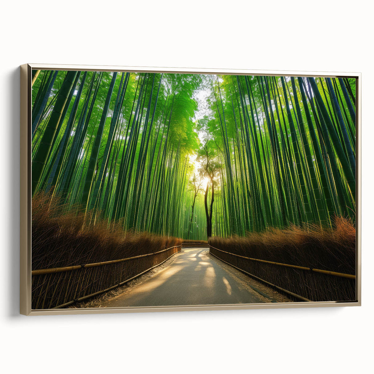 Framed canvas featuring a vintage-style landscape painting of Maui, with lush greens and gold tones.