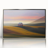Mid-century modernist art depicting Idaho scenery in muted earth tones on a silver-framed acrylic print.