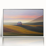 Acrylic print of a serene Idaho landscape in pastel shades, framed in white.