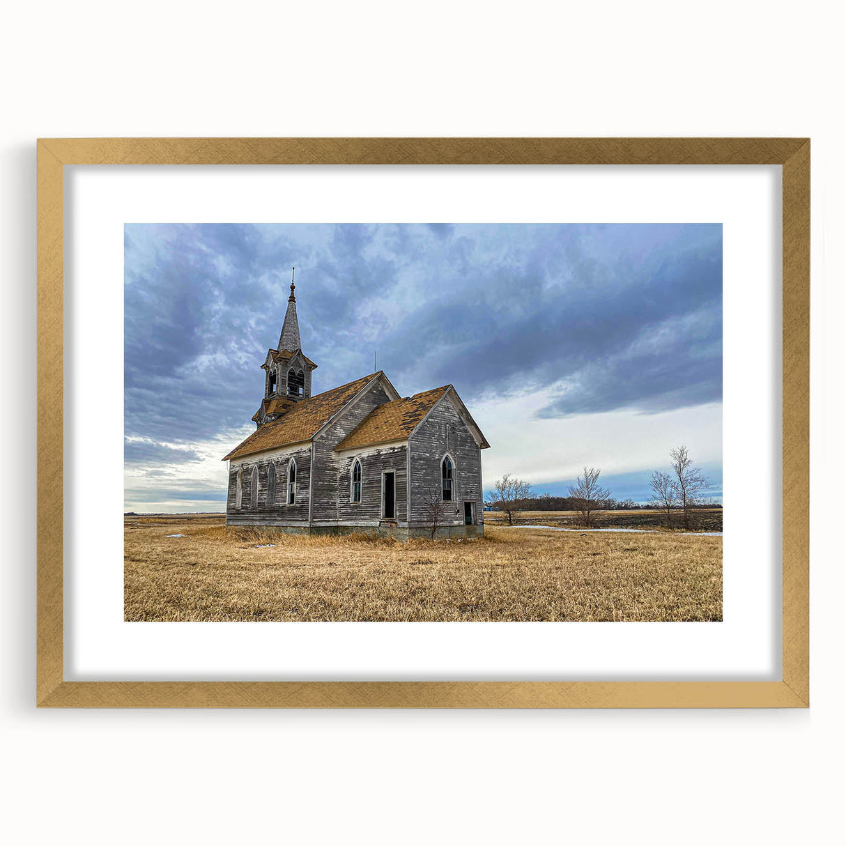 Extra large textured abstract art print of Iowa scenery in a gold frame with mat, ideal for living room decor.