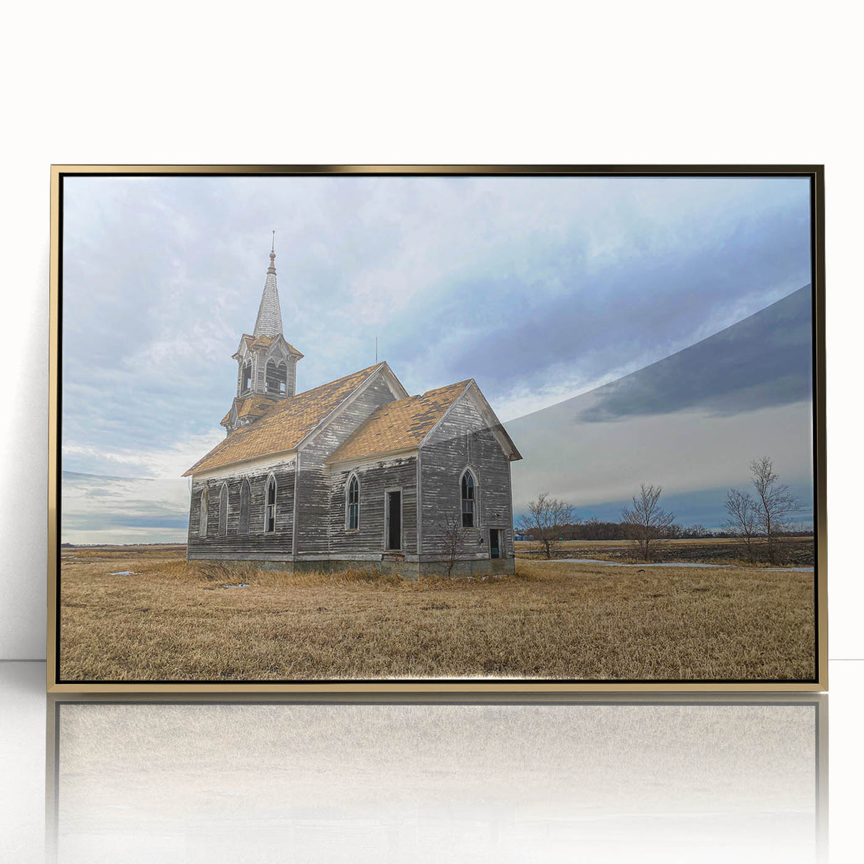 Mid-century modernist landscape of Iowa scenery in gold and green tones on a framed acrylic, suitable for nursery wall art.