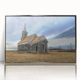 Mid-century modernist art depicting a serene Iowa landscape in muted earth tones on a silver-framed acrylic print.