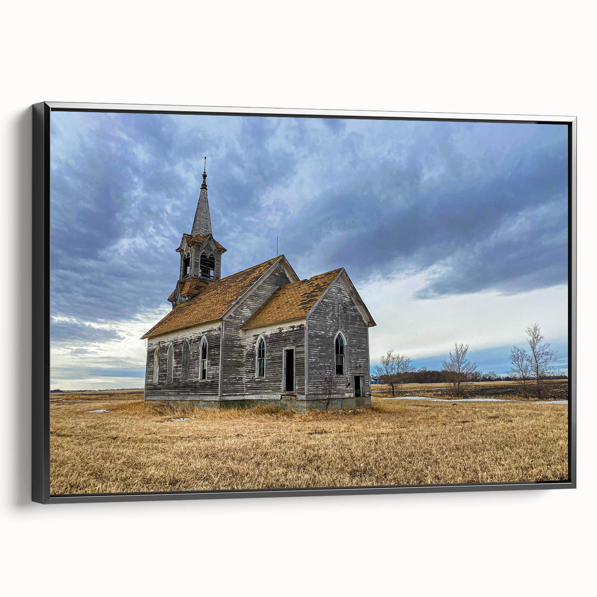 Black and white framed canvas of a vintage Iowa landscape, ideal for bedroom wall decor.
