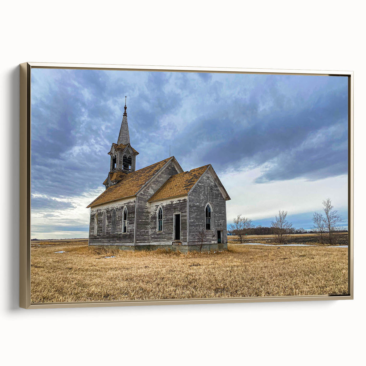 Framed canvas depicting a vintage Iowa landscape in muted gold and black tones, ideal for bedroom wall decor.