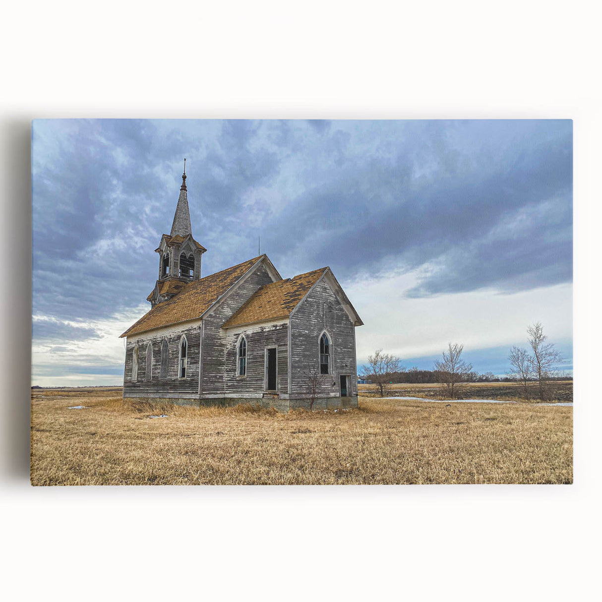 Black and white photograph of a serene Iowa landscape on large stretched canvas, ideal for kitchen wall art.