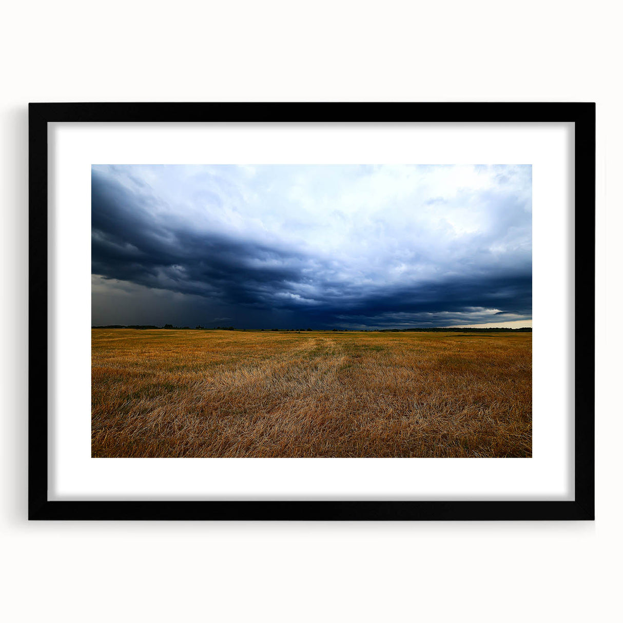 Extra large abstract art print of a colorful, textured Kansas scenery on a framed black mat, ideal for living room decor.