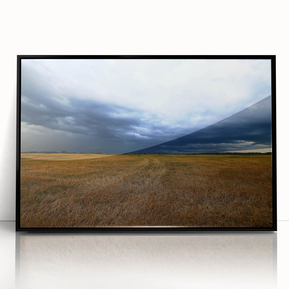 Large abstract wall art depicting a Kansas scenery in muted earth tones on a framed acrylic.