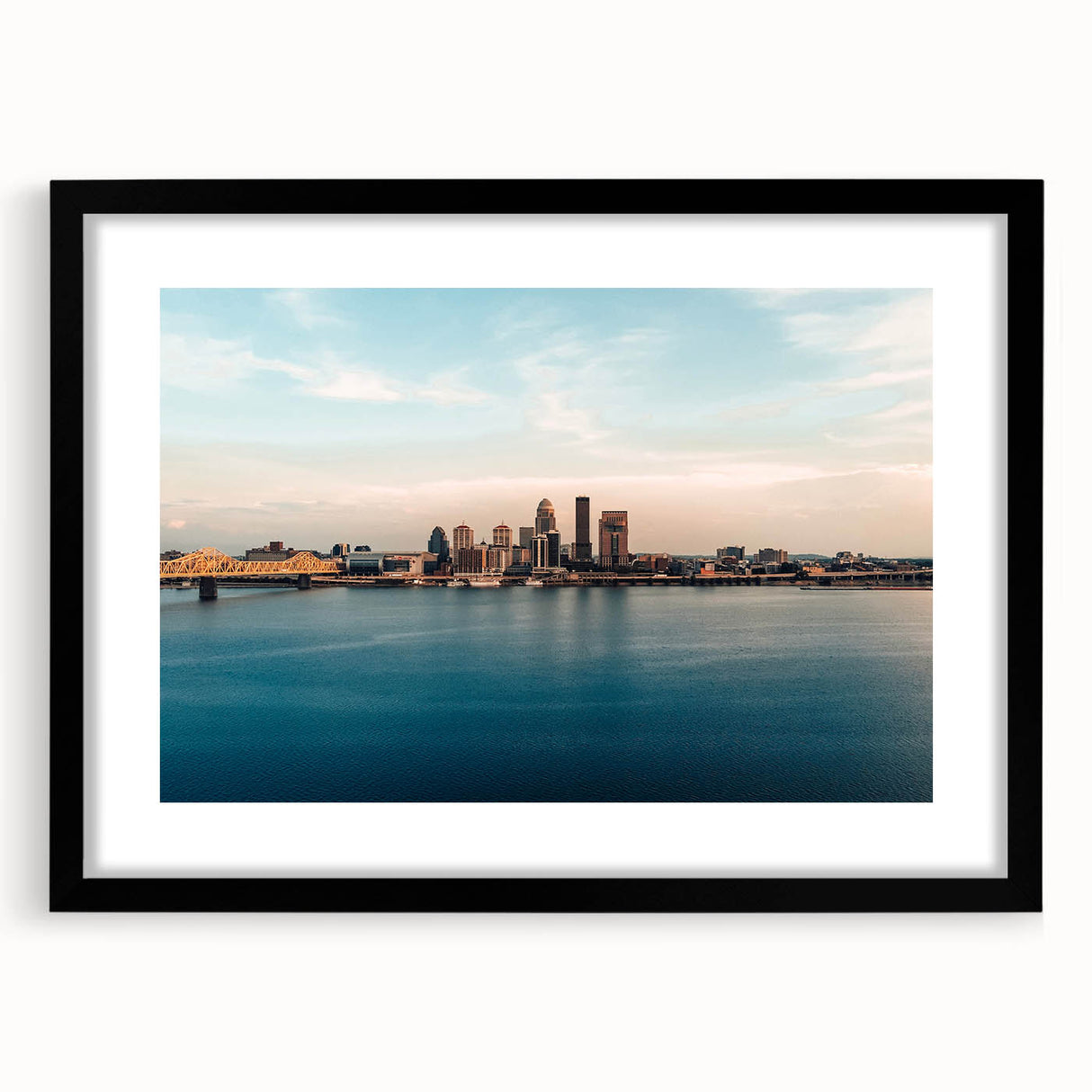 Extra large abstract art print featuring colorful, textured scenery of Kentucky, in a black frame with mat.