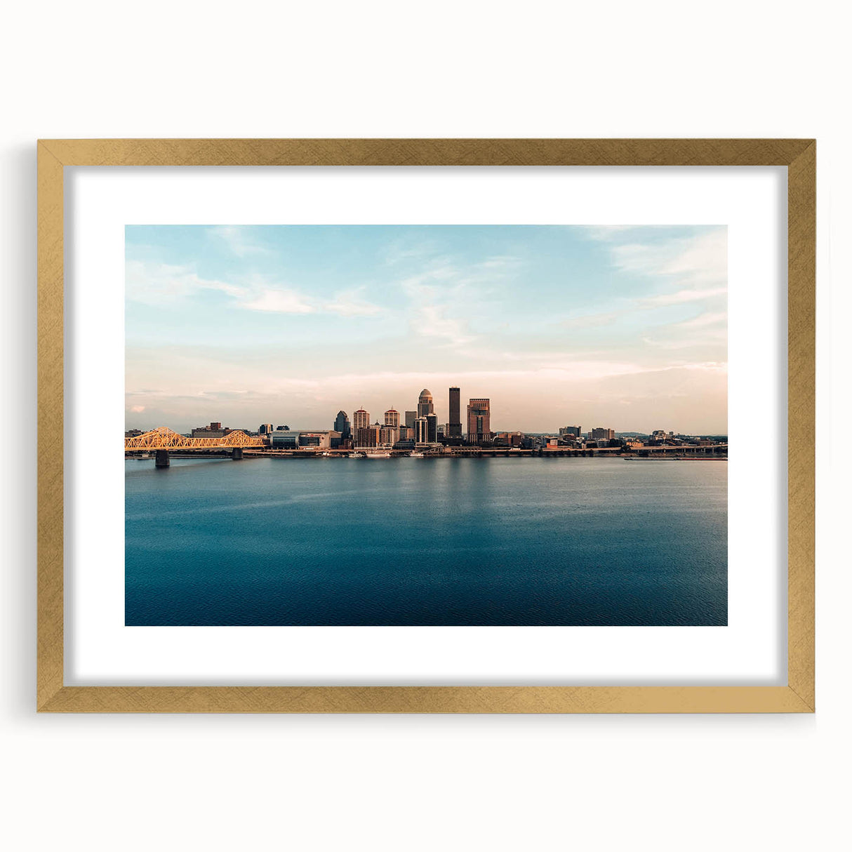 Extra large abstract art print of Kentucky scenery in gold frame, featuring textured brush strokes and earthy tones.