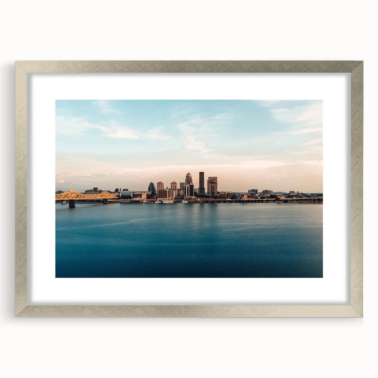 Textured abstract art print depicting a serene Kentucky landscape in muted earth tones, framed in silver.