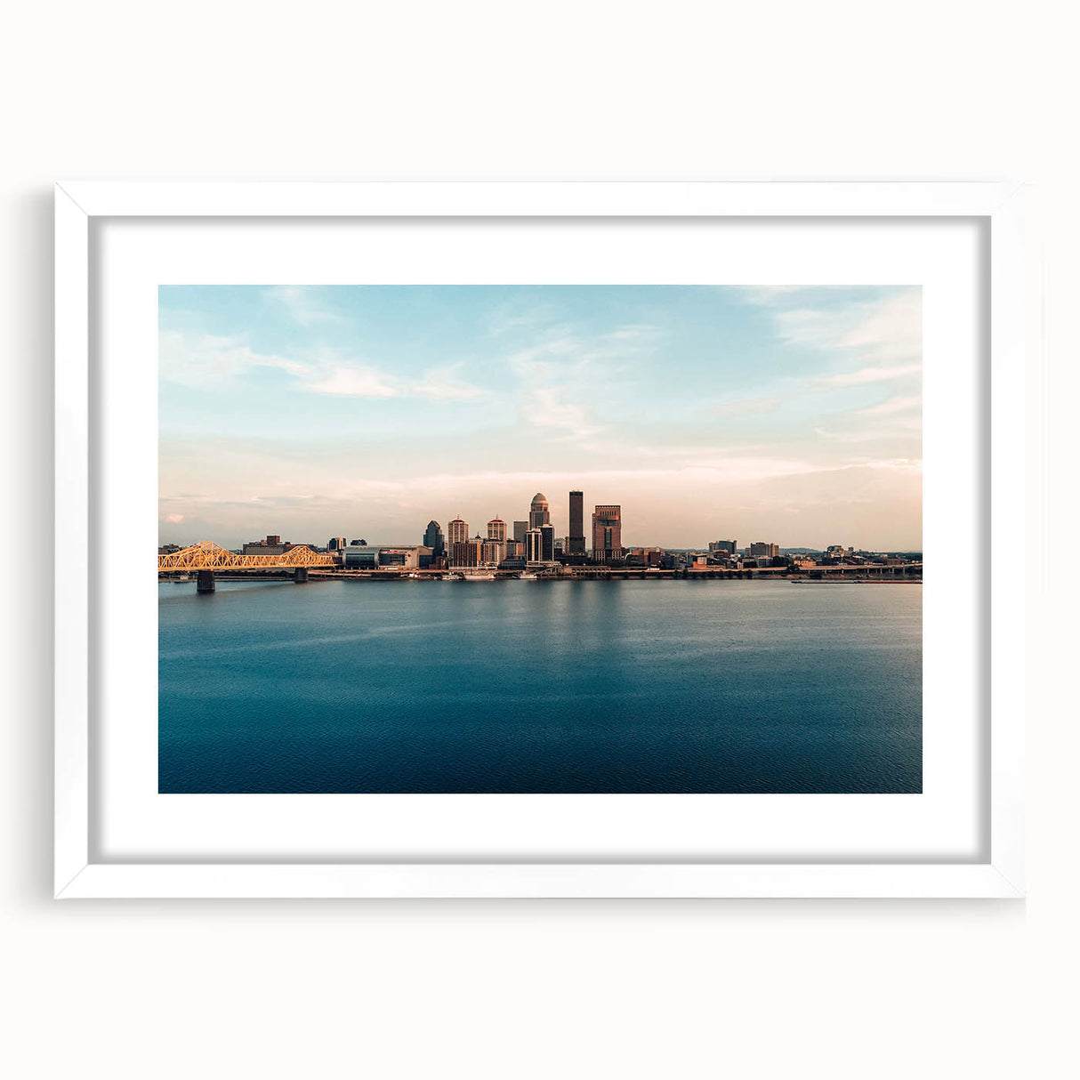 Abstract art print of Kentucky scenery in muted earth tones on a white matted frame, suitable for dining room decor.