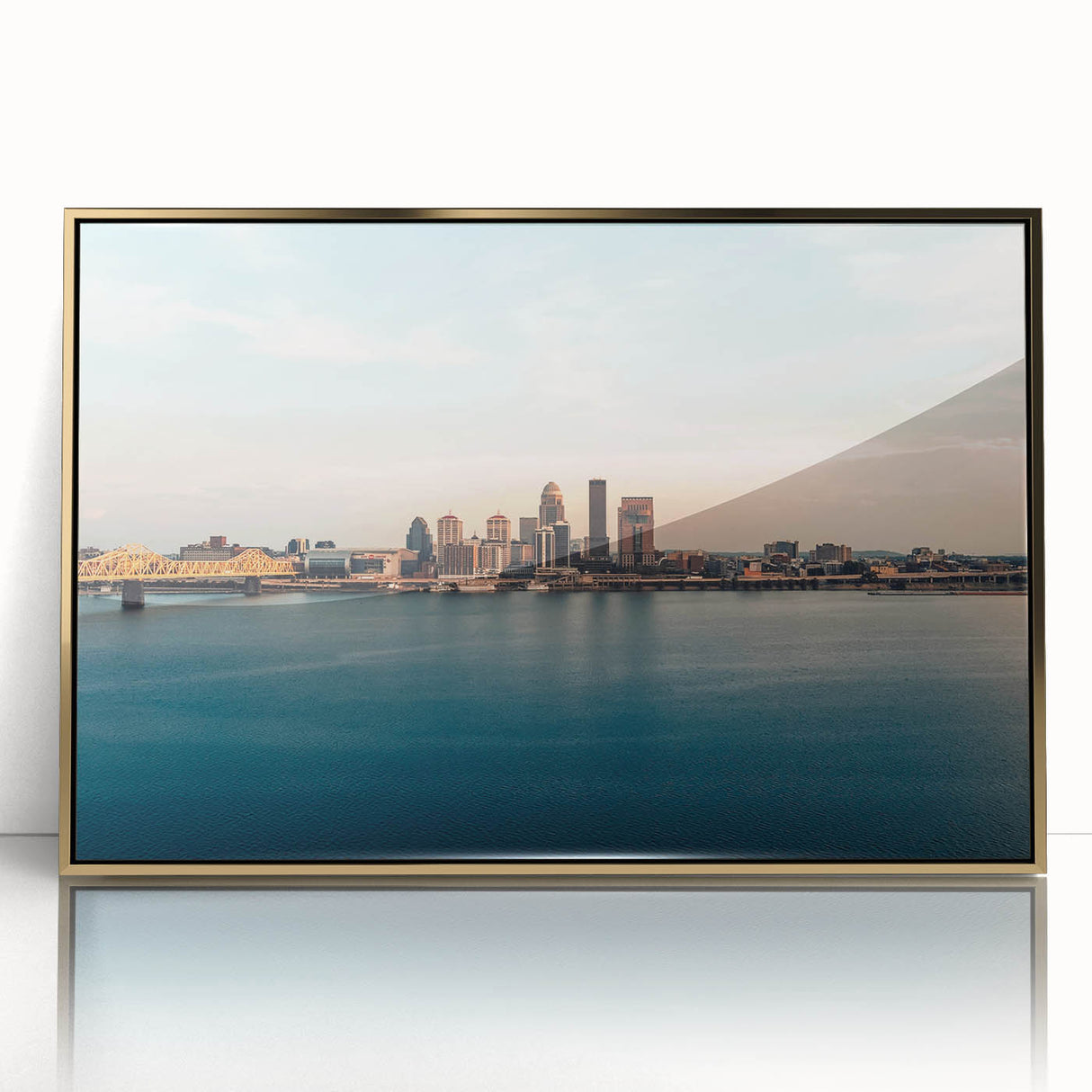 Acrylic print of a mid-century modernist Kentucky landscape in gold and green tones, suitable for nursery wall art.