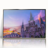 Mid-century modernist art depicting a New Orleans street scene in muted colors on a silver-framed acrylic print.