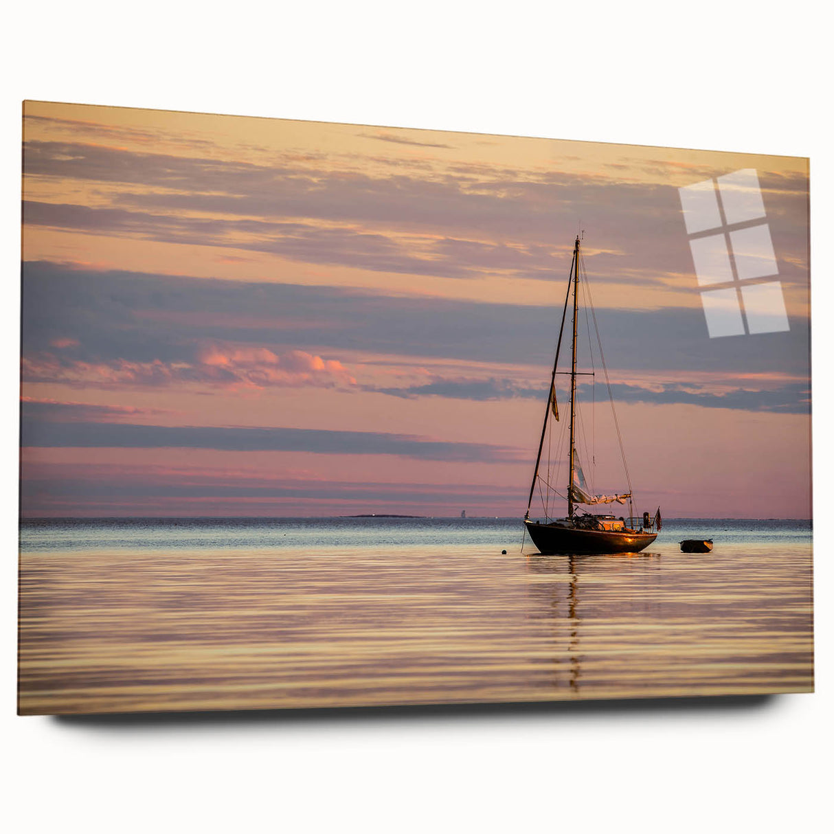 Large abstract wall art featuring a Louisiana landscape in muted green and blue tones, printed on acrylic glass.