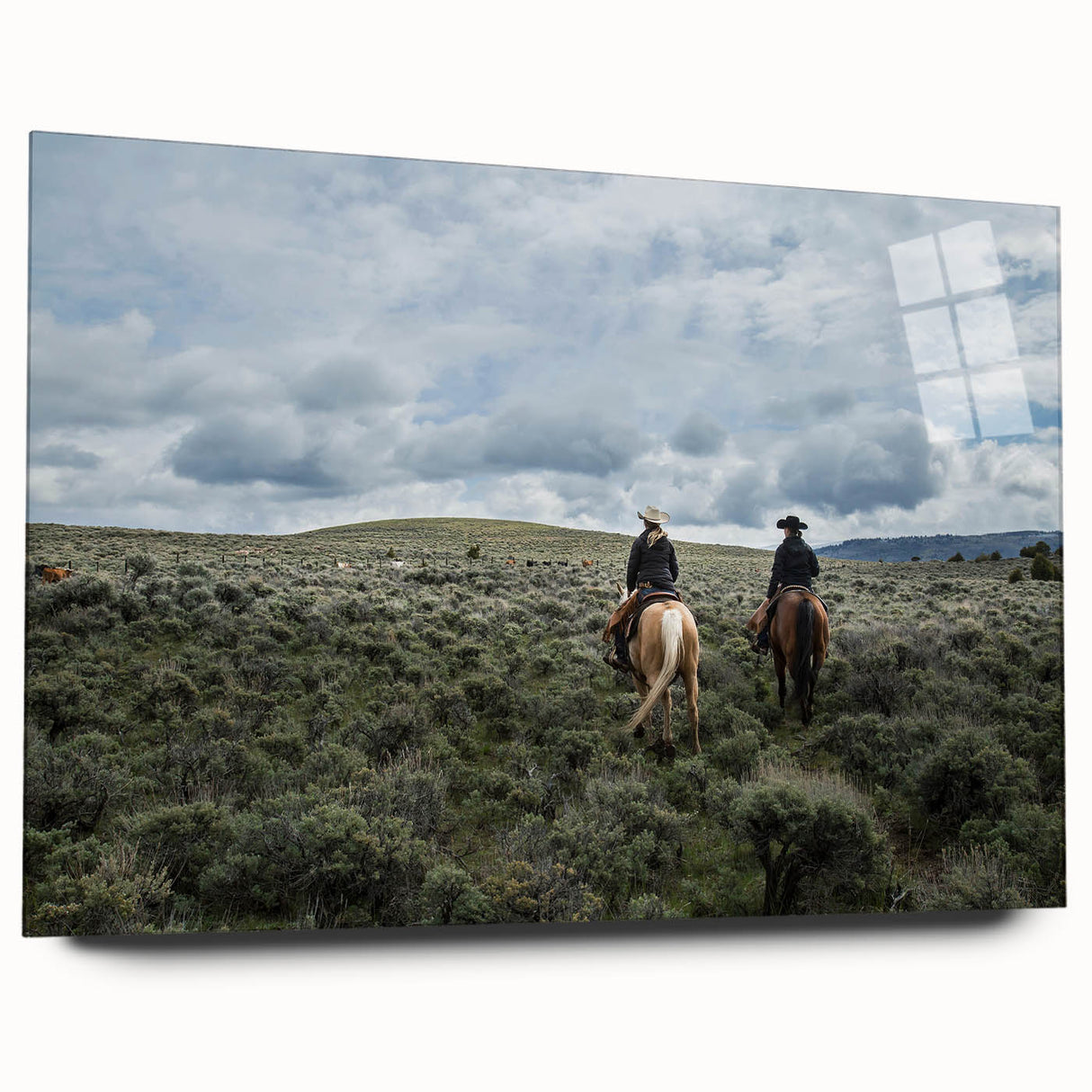 Large abstract wall art of Montana scenery in muted earth tones on acrylic glass, ideal for bedroom or dining room decor.