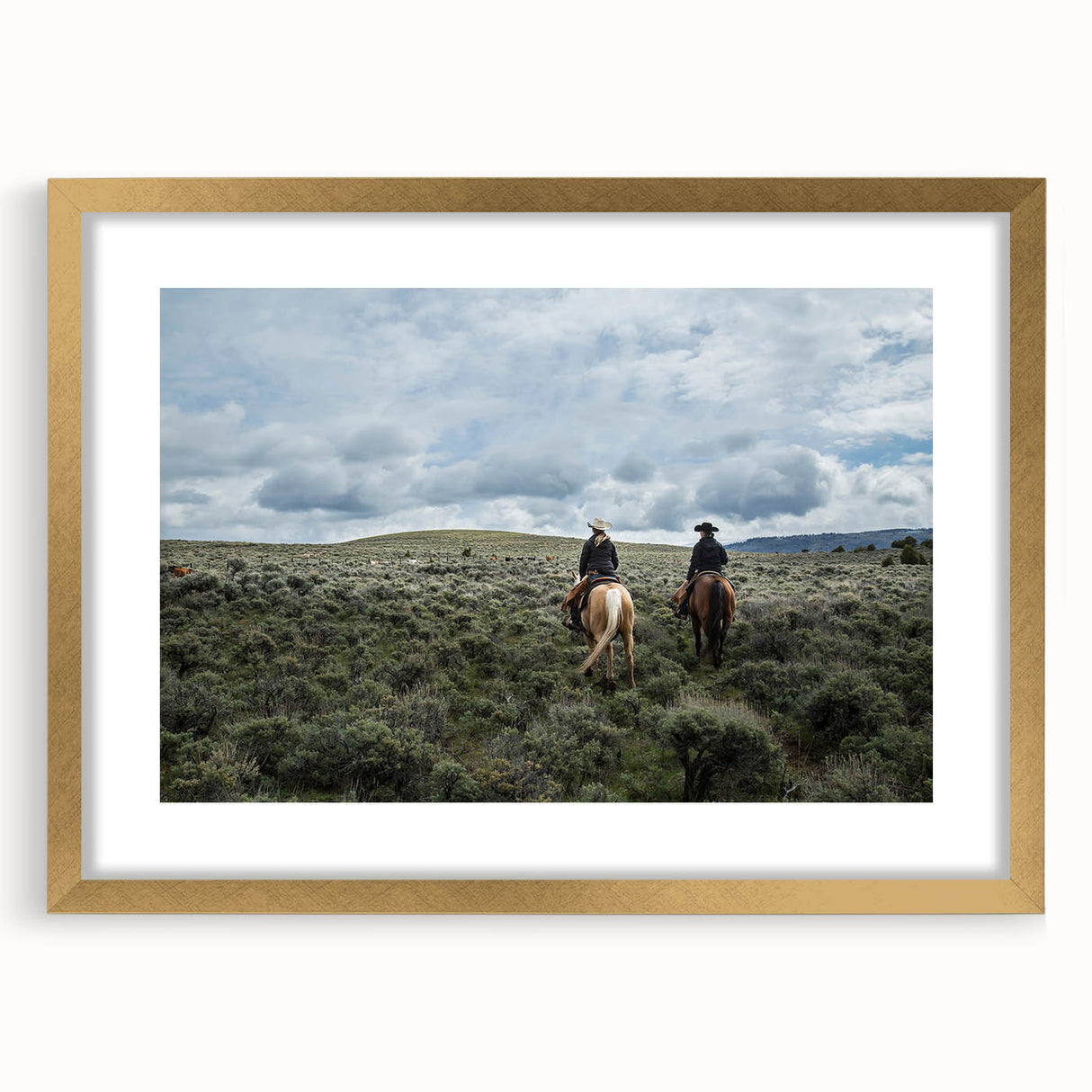 Extra large abstract art print featuring textured scenery of Montana, in a gold frame with mat, ideal for living room decor.