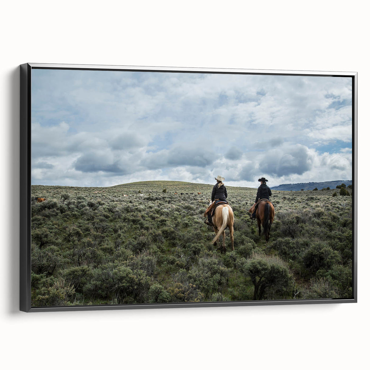 Black and white framed canvas featuring a vintage-style landscape painting of Montana, ideal for bedroom wall decor.