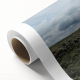 Art deco poster of Montana scenery in muted green and brown tones on rolled canvas, ideal for nursery wall art.
