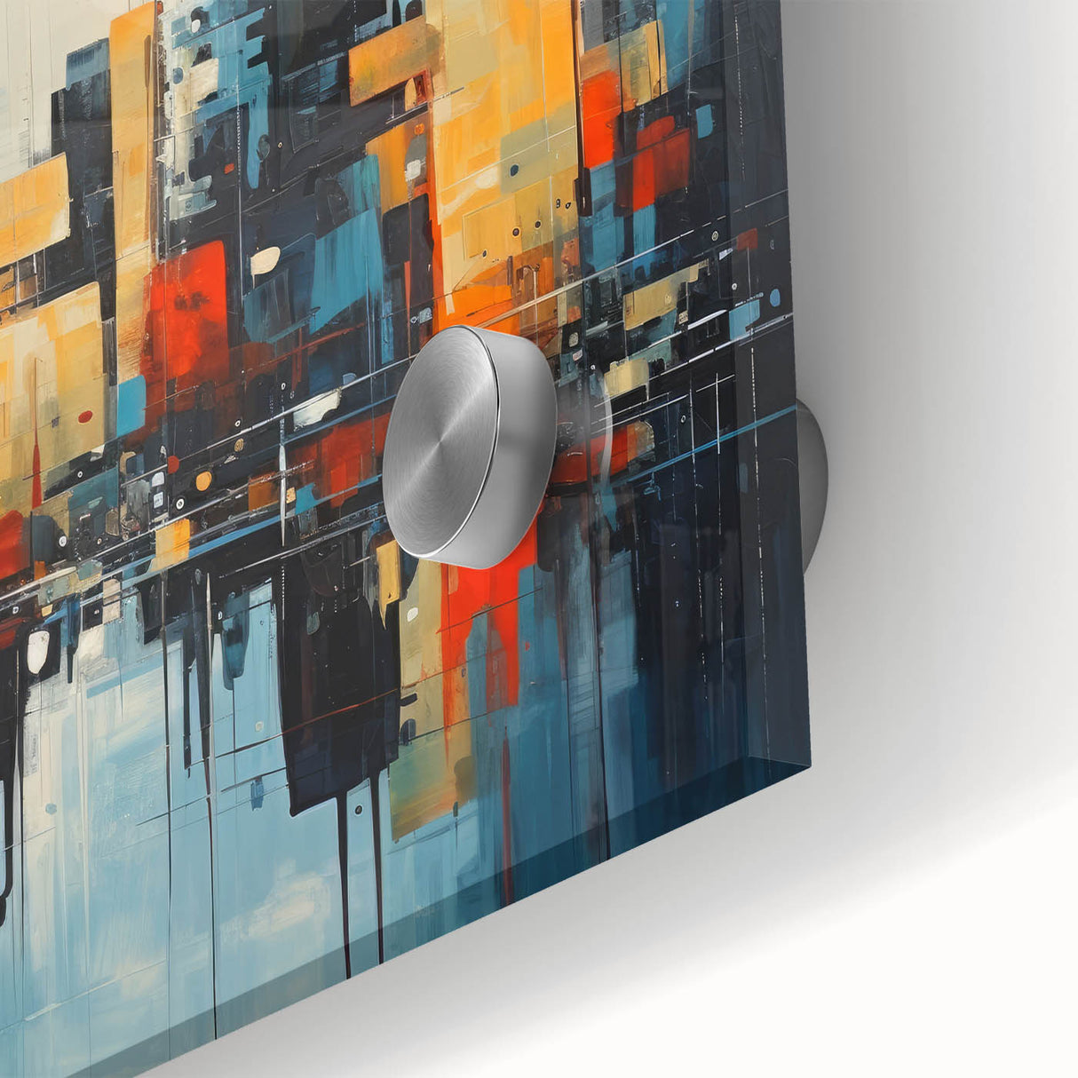 Large abstract depiction of Manhattan skyline in muted gray and blue tones on acrylic glass, suitable for dining room art.