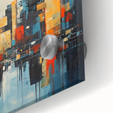 Large abstract depiction of Manhattan skyline in muted gray and blue tones on acrylic glass, suitable for dining room art.