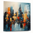 Acrylic print of a large abstract depiction of Manhattan, featuring cool gray and blue tones.