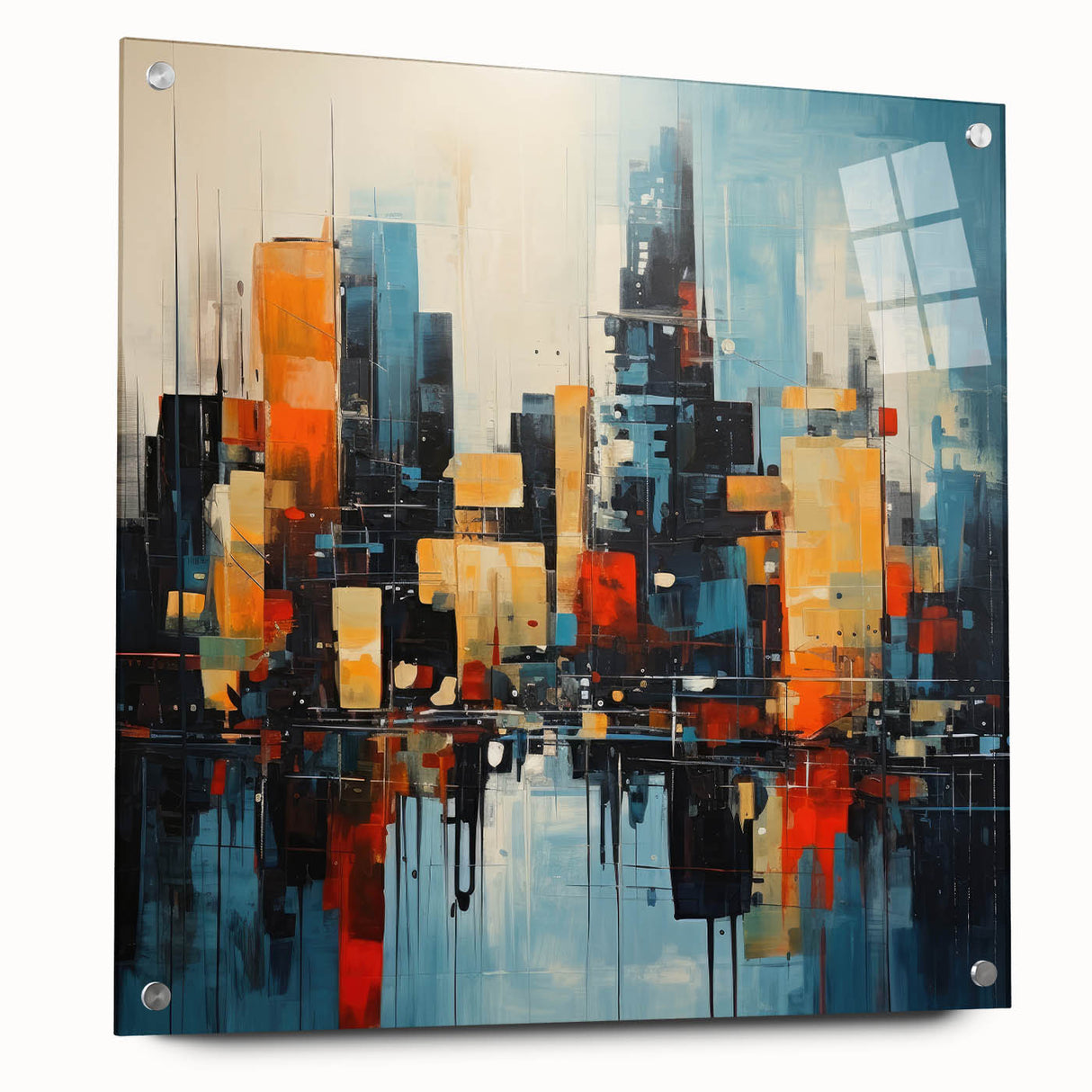 Acrylic print of a large abstract depiction of Manhattan, featuring cool gray and blue tones.