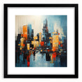 Abstract art print of Manhattan skyline in colorful, textured hues on extra large framed canvas, ideal for living room decor.