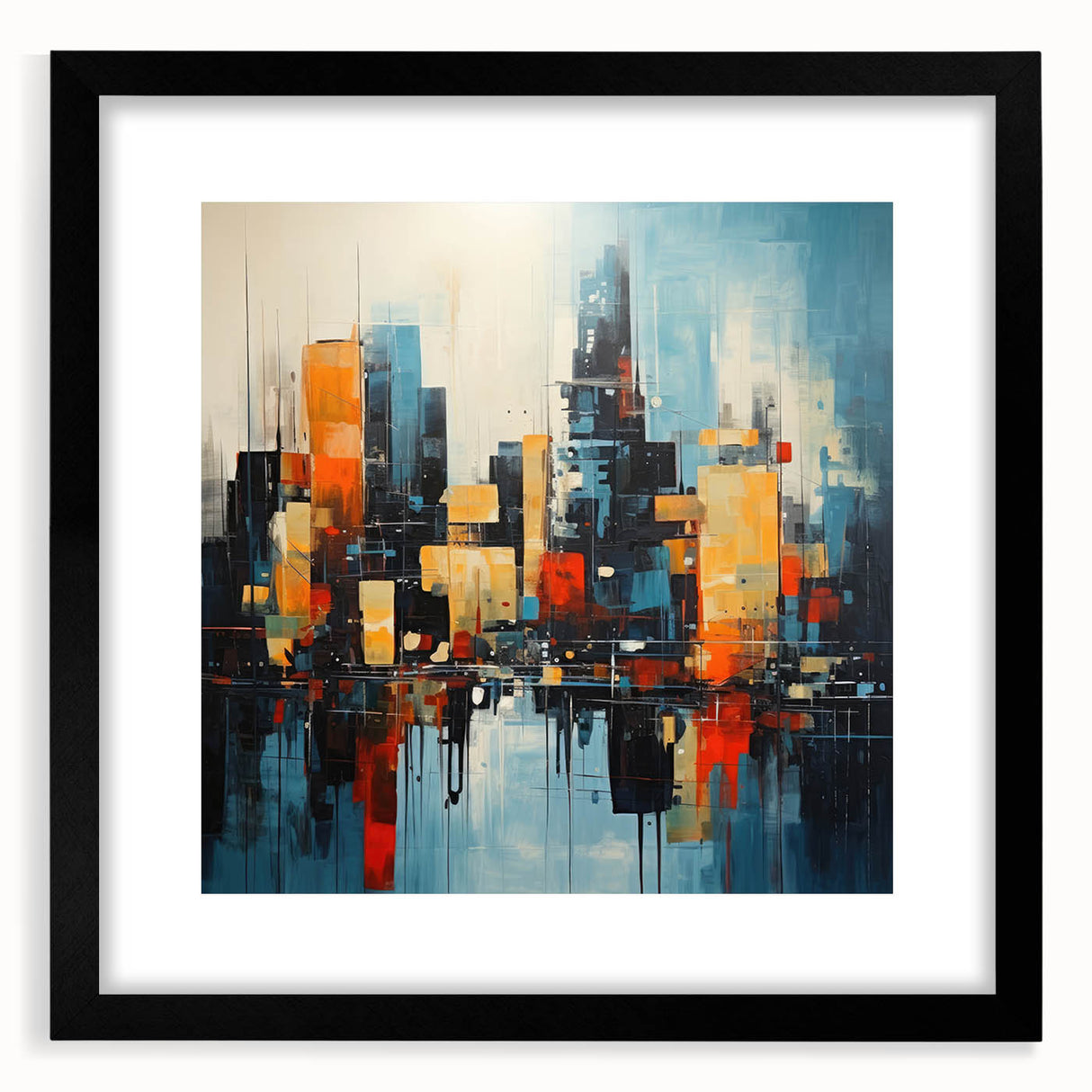 Abstract art print of Manhattan skyline in colorful, textured hues on extra large framed canvas, ideal for living room decor.