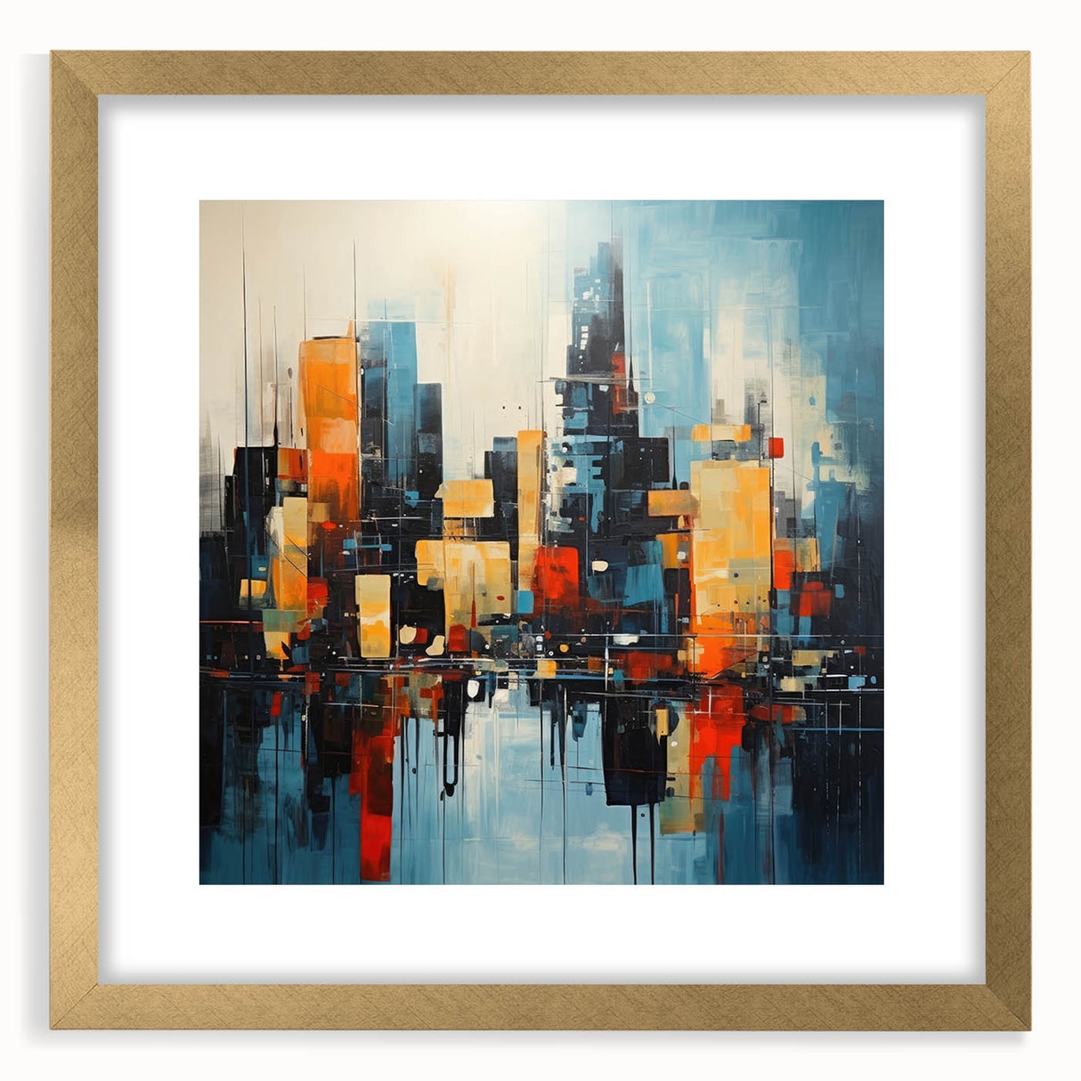Extra large textured abstract art print of Manhattan skyline in muted gray and gold tones, framed with a gold mat.
