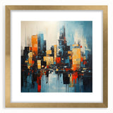Extra large textured abstract art print of Manhattan skyline in muted gray and gold tones, framed with a gold mat.