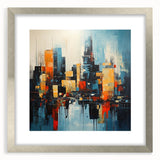 Textured abstract art print of Manhattan skyline in muted gray and silver tones, framed with a silver mat.