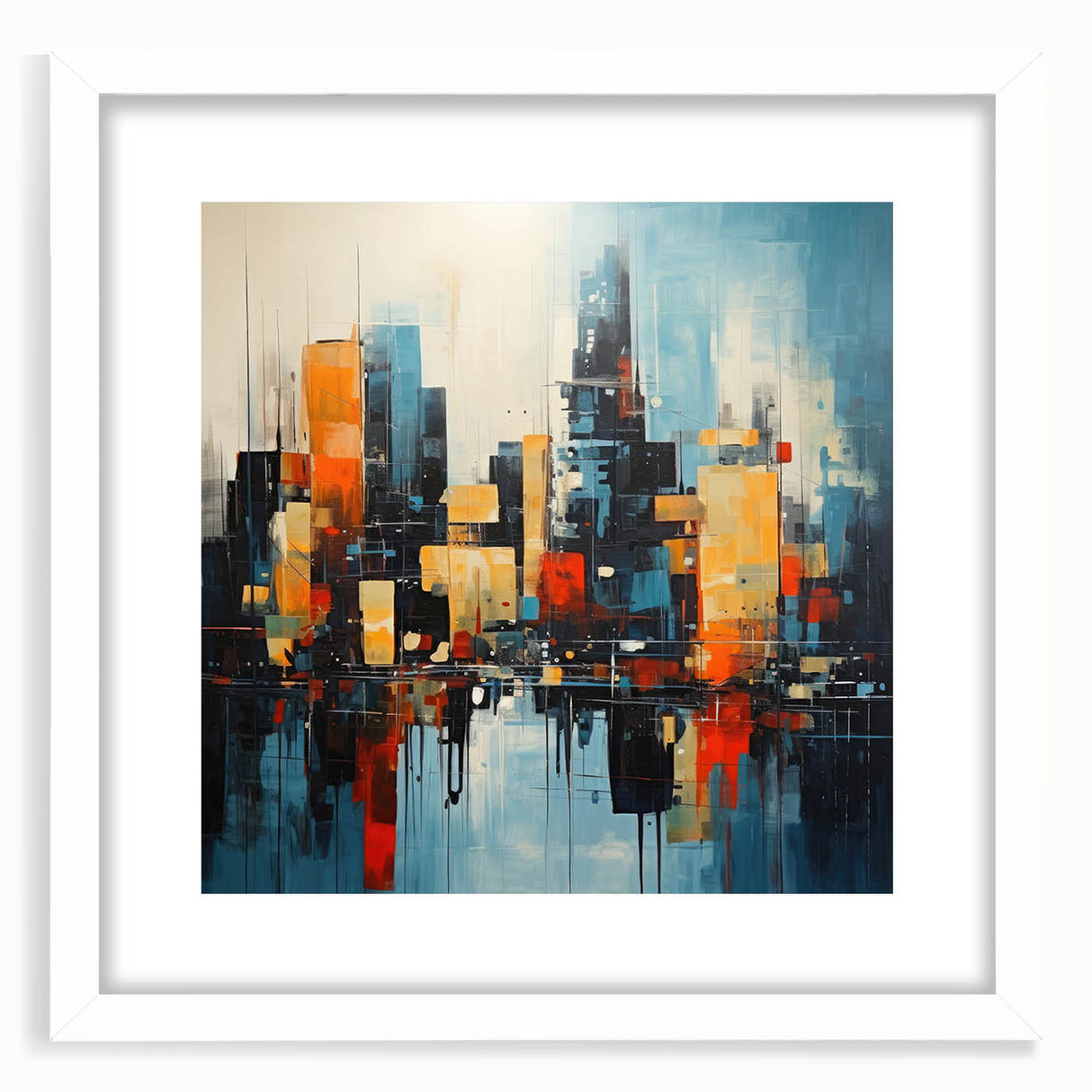 Abstract art print of Manhattan skyline in muted gray and blue tones, framed with a white mat.