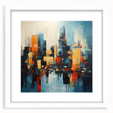 Abstract art print of Manhattan skyline in muted gray and blue tones, framed with a white mat.