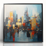 Large abstract wall art of Manhattan skyline in muted black and white tones, acrylic print framed in black.