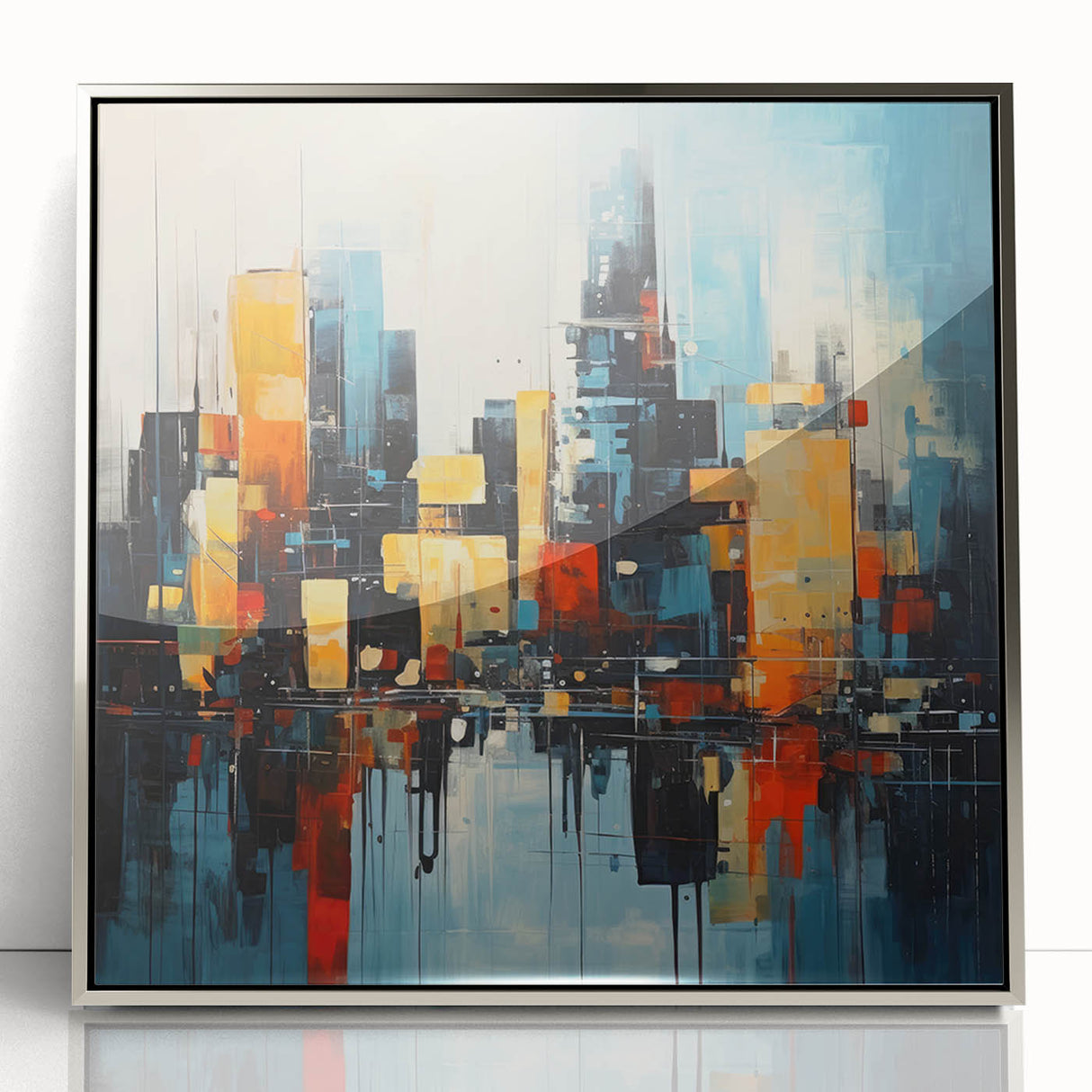 Mid-century modernist art deco poster of Manhattan skyline in silver acrylic frame, suitable for modern art wall decor.