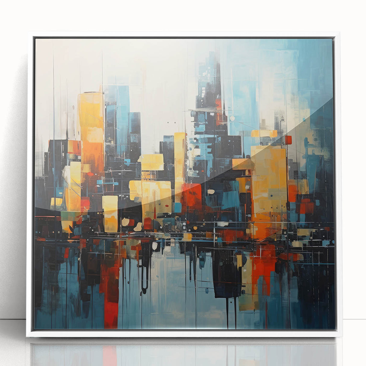 Acrylic print of Manhattan skyline in art deco style, featuring muted gray and blue tones, ideal for modern art wall decor.