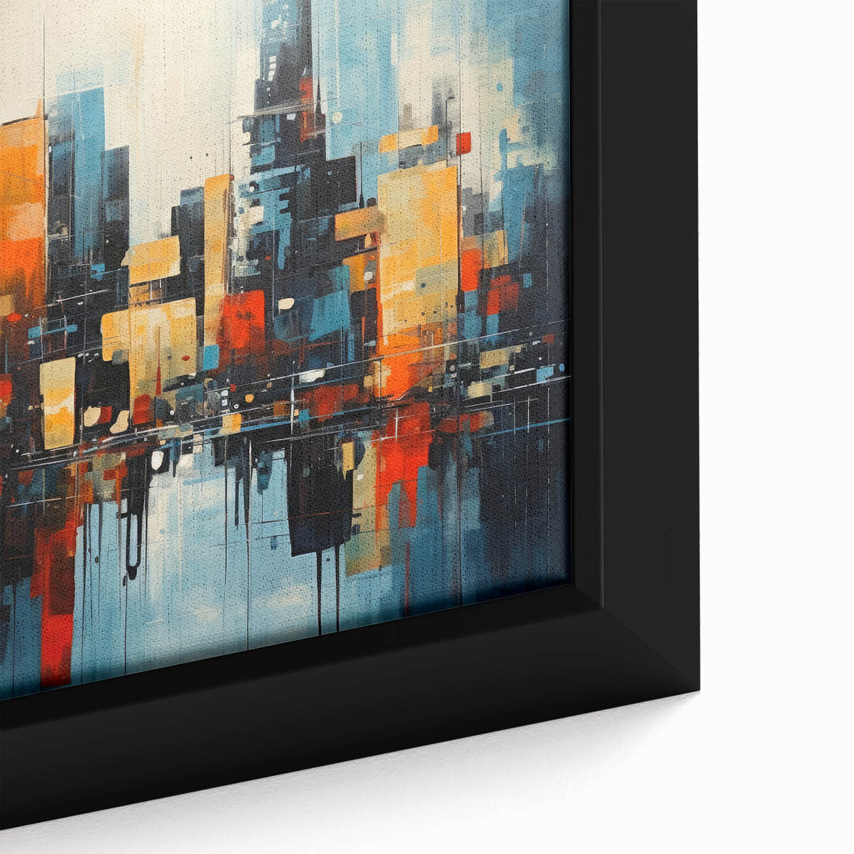 Large framed canvas of a textured Manhattan skyline in black with colorful accents, suitable for living room decor.