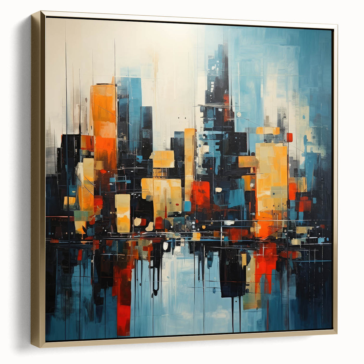Framed canvas wall art of Manhattan skyline in silver and gold tones, ideal for bedroom decor.