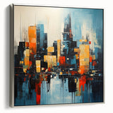 Framed canvas of a vintage-style Manhattan skyline in black with colorful accents, ideal for office decor.