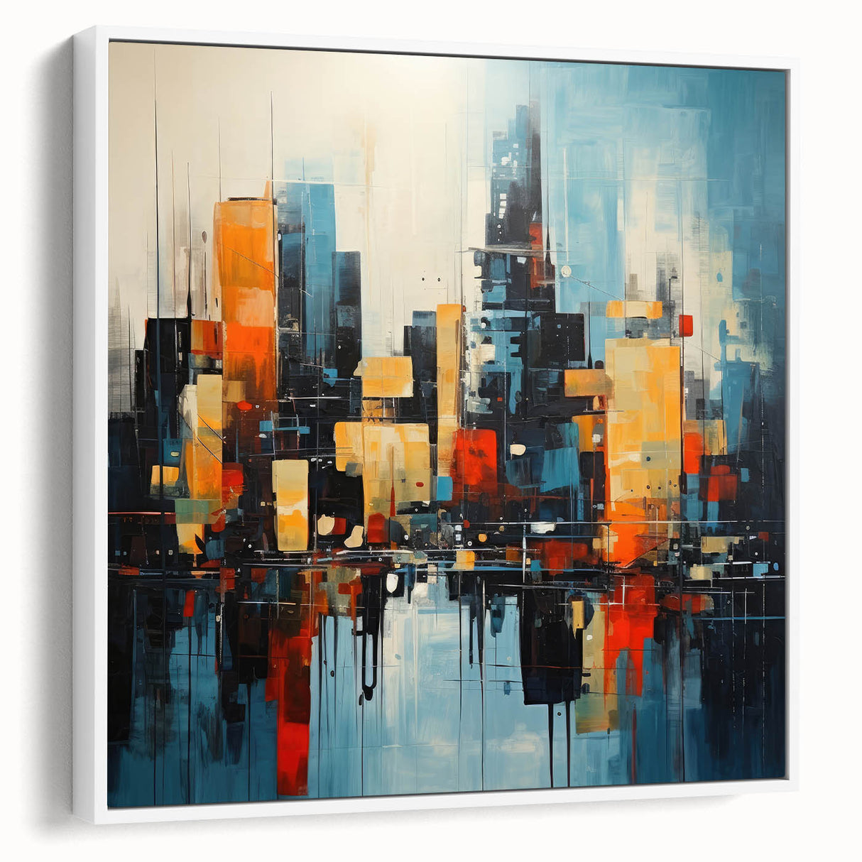 Vintage poster art of Manhattan skyline in vibrant colors on a large framed canvas, ideal for living room decor.