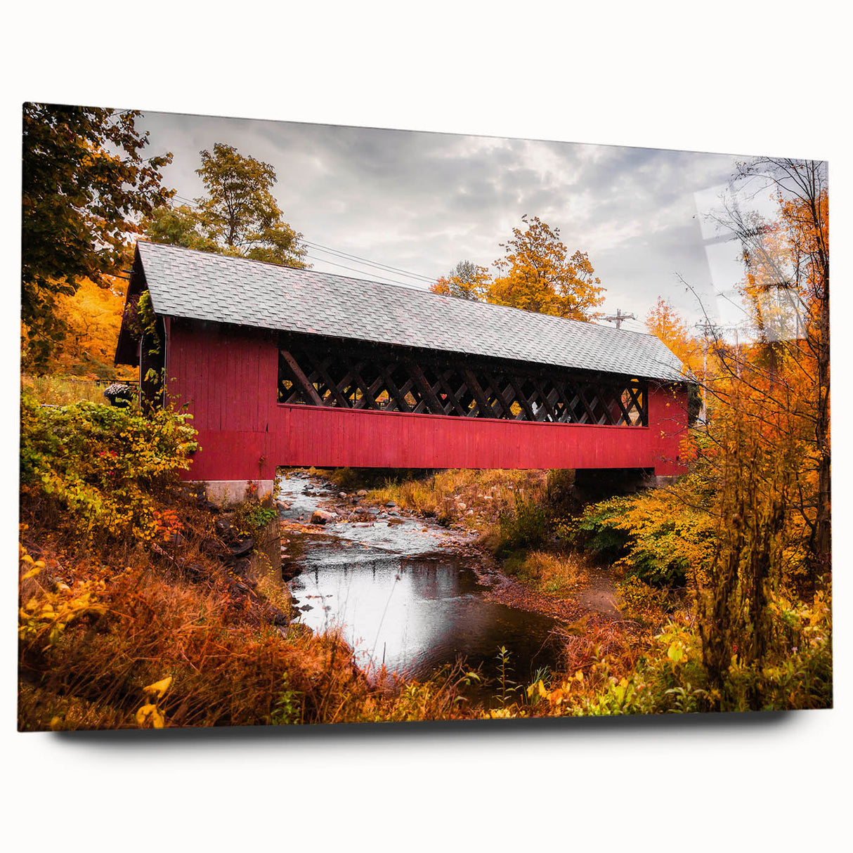 Large abstract wall art depicting Vermont scenery in muted earth tones on acrylic glass.
