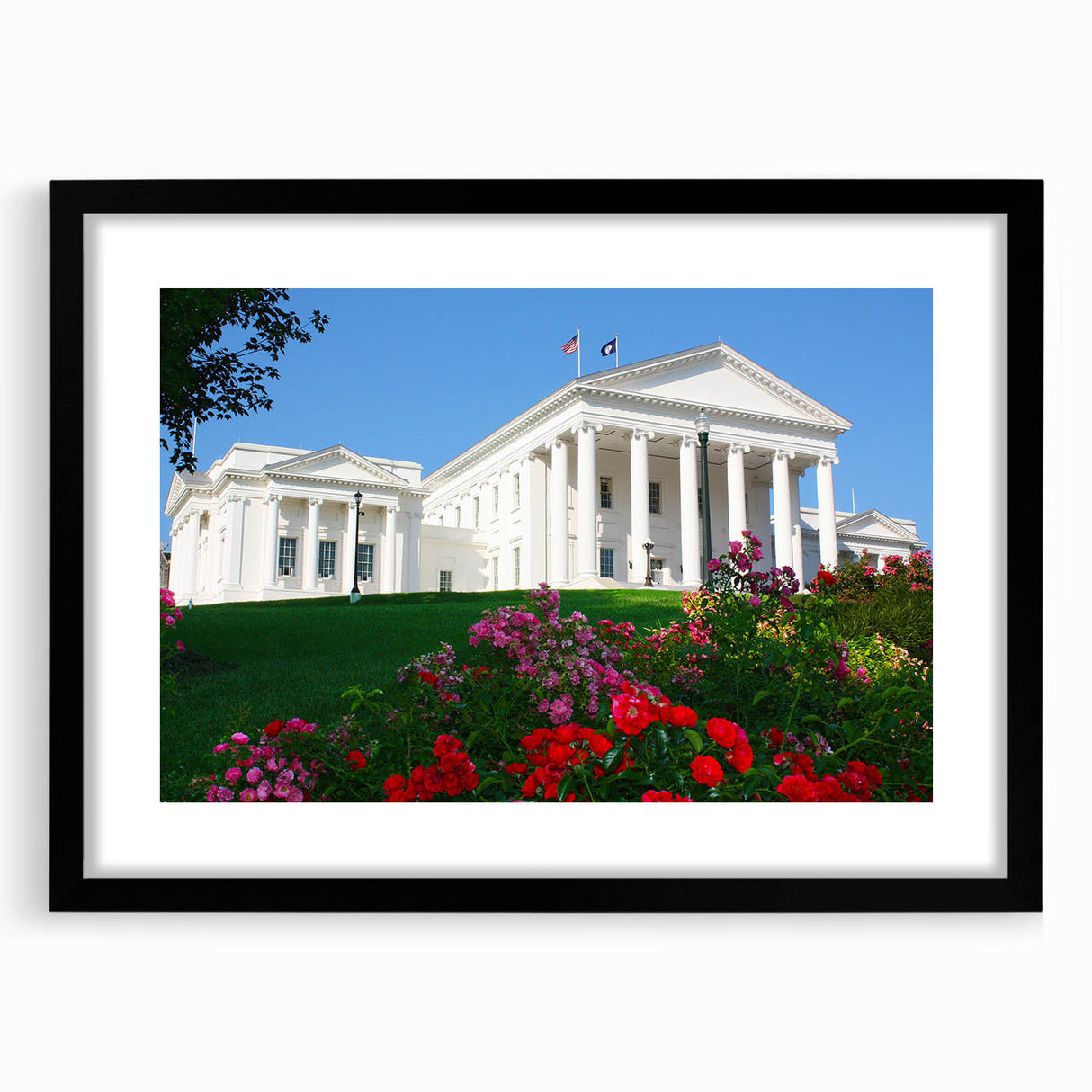 Extra large abstract art print featuring colorful, textured scenery of Virginia on a black framed canvas.