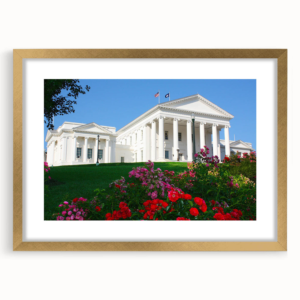 Textured abstract art print depicting a serene Virginia landscape in muted earth tones, framed in gold.