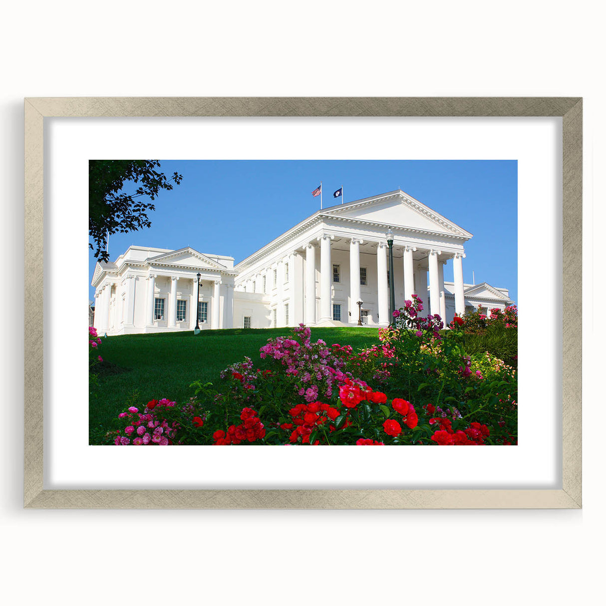 Textured abstract art print depicting Virginia scenery in silver frame, ideal for bedroom ambiance.