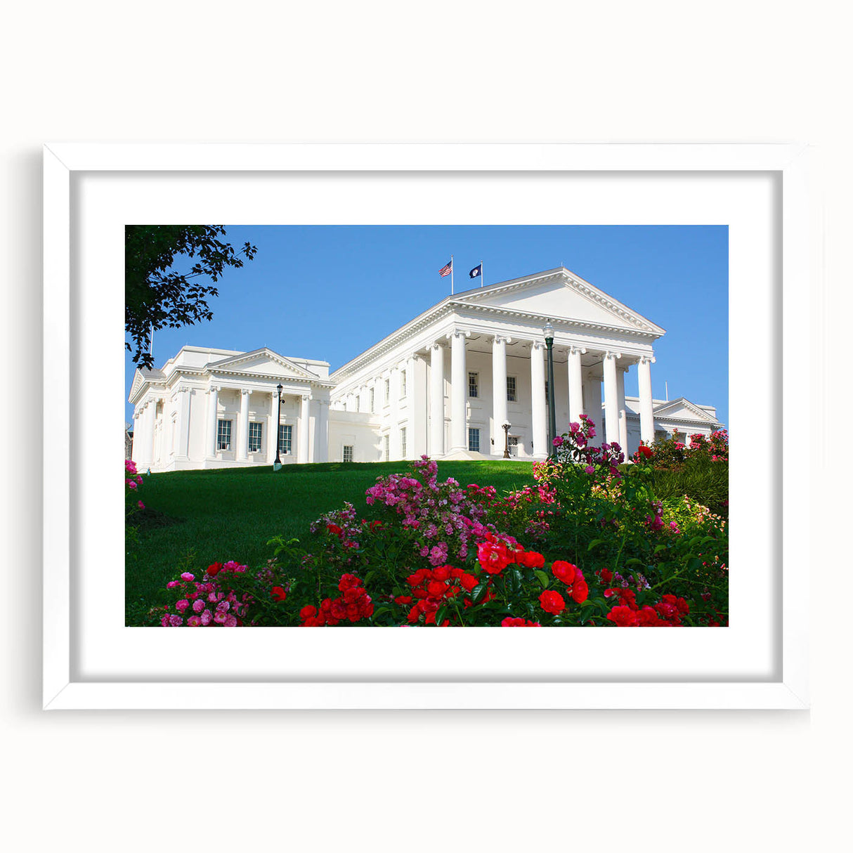 Abstract art print depicting Virginia scenery in soft blue and green tones on a white framed canvas.