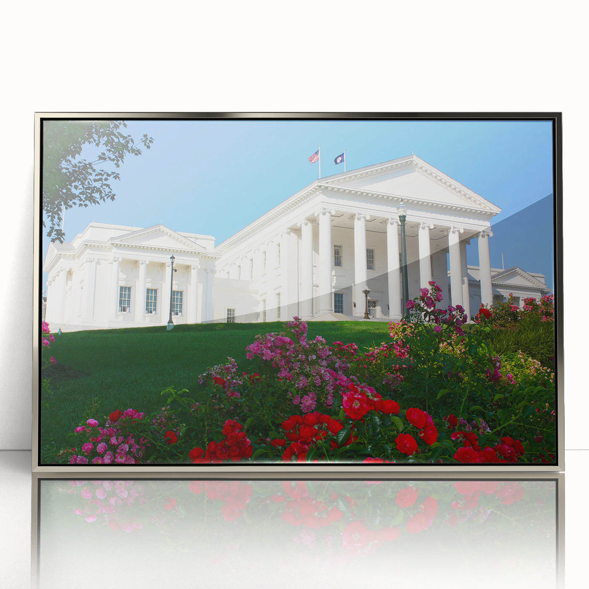 Mid-century modernist art depicting Virginia scenery in muted earth tones on a framed acrylic print.