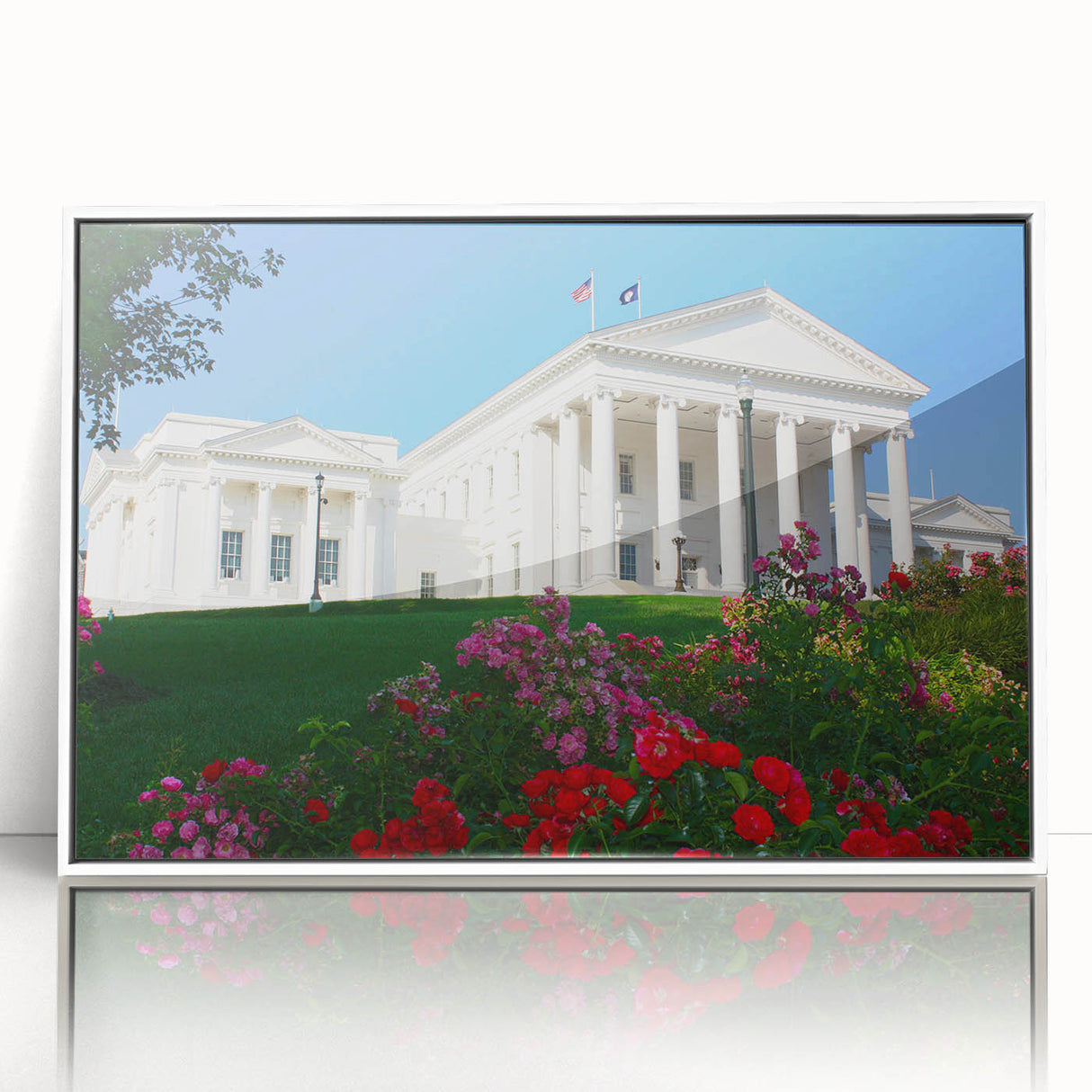 Acrylic print of a serene Virginia landscape in soft pastel shades, framed in white, suitable for modern nursery decor.